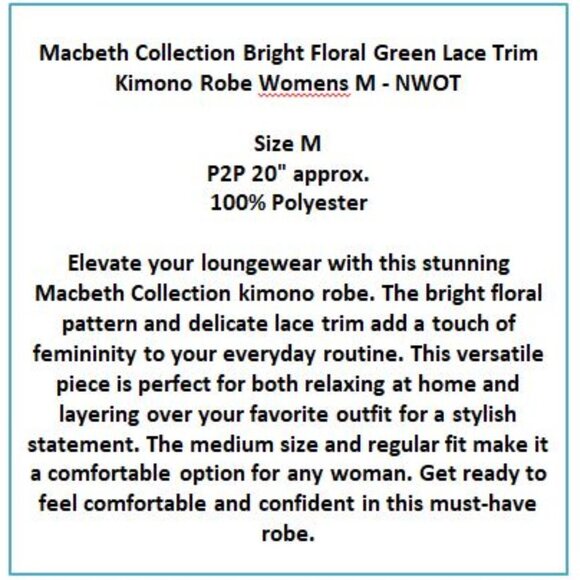 Macbeth Collection Bright Floral Green Lace Trim Kimono Robe Womens M - NWOT - Picture 7 of 9